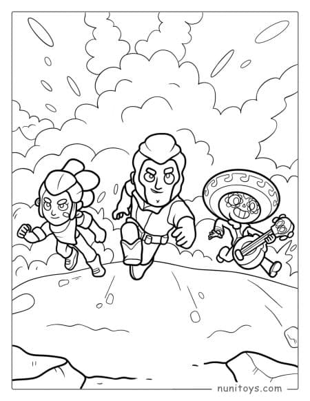 Coloriage Brawl Stars scène explosive avec Shelly, Colt et Poco