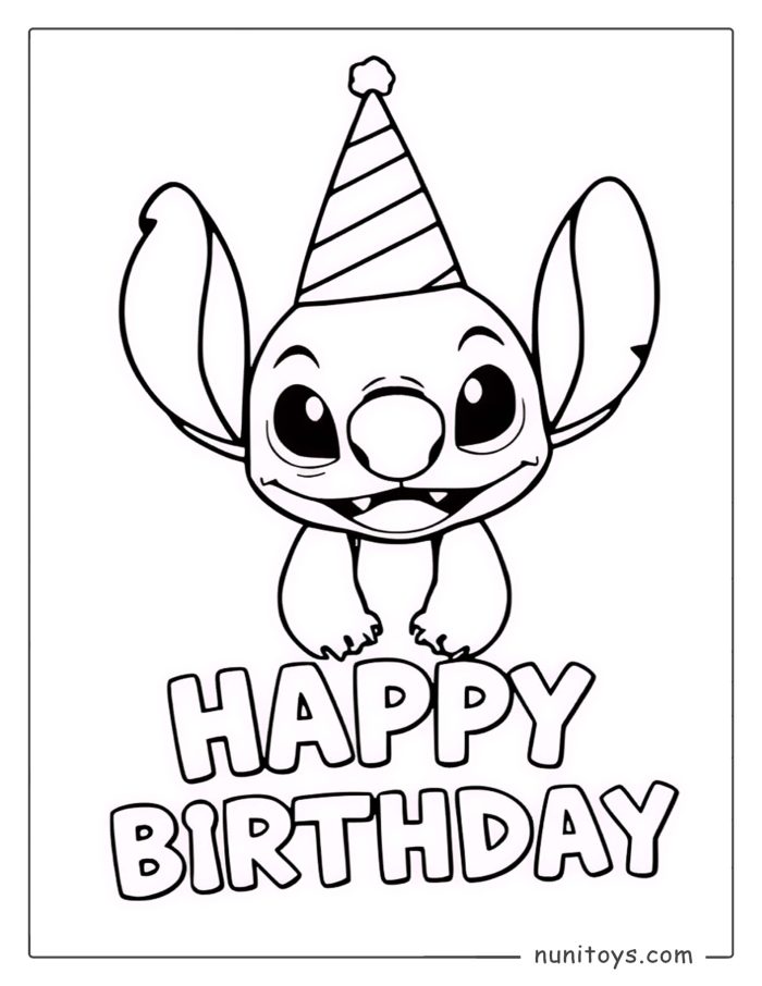 Coloriage Joyeux anniversaire Stitch avec chapeau de fête