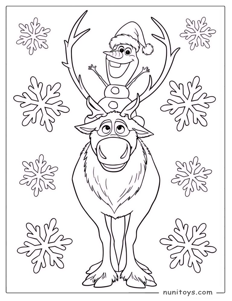 Coloriage Olaf assis sur Sven