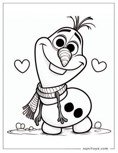 Coloriage Olaf avec écharpe entouré de petits cœurs