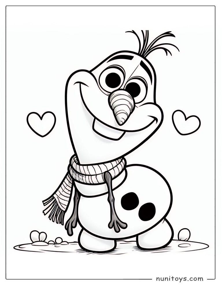 Coloriage Olaf avec écharpe entouré de petits cœurs
