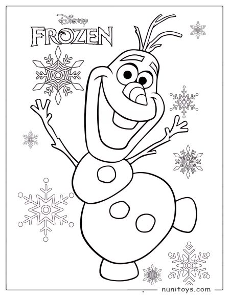Coloriage Olaf entouré de grands flocons de neige Frozen