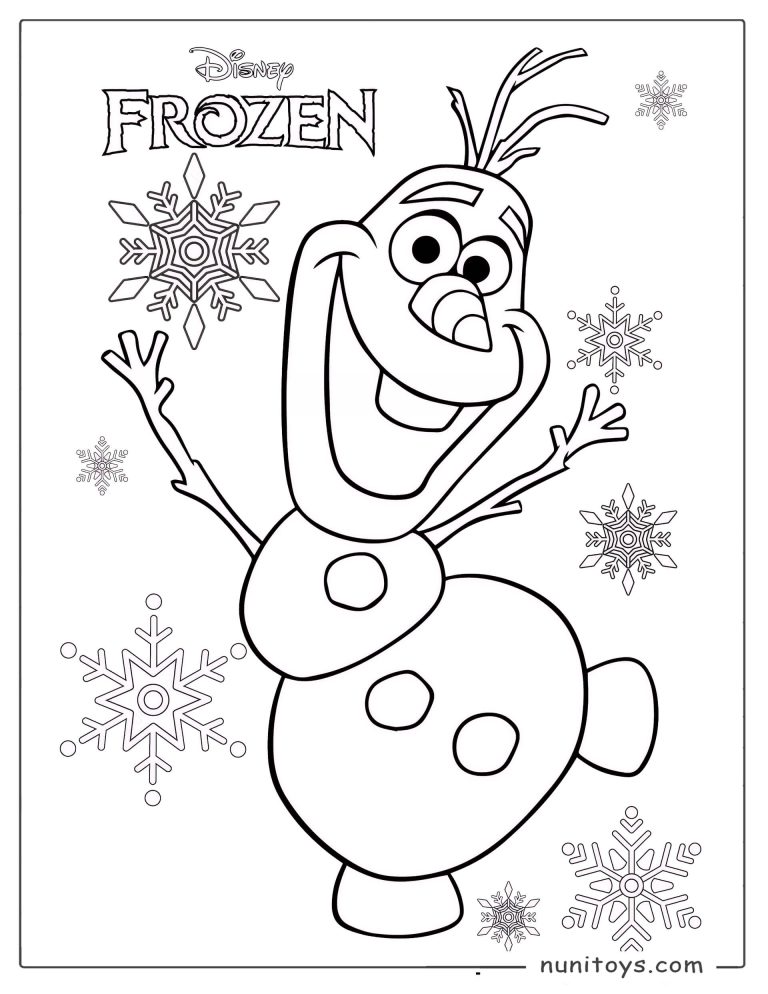 Coloriage Olaf entouré de grands flocons de neige Frozen