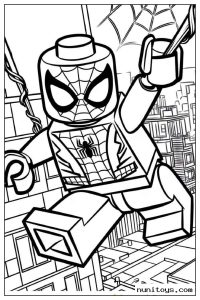 Coloriage Spiderman LEGO se balançant au-dessus de la ville