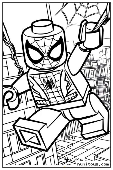 Coloriage Spiderman LEGO se balançant au-dessus de la ville