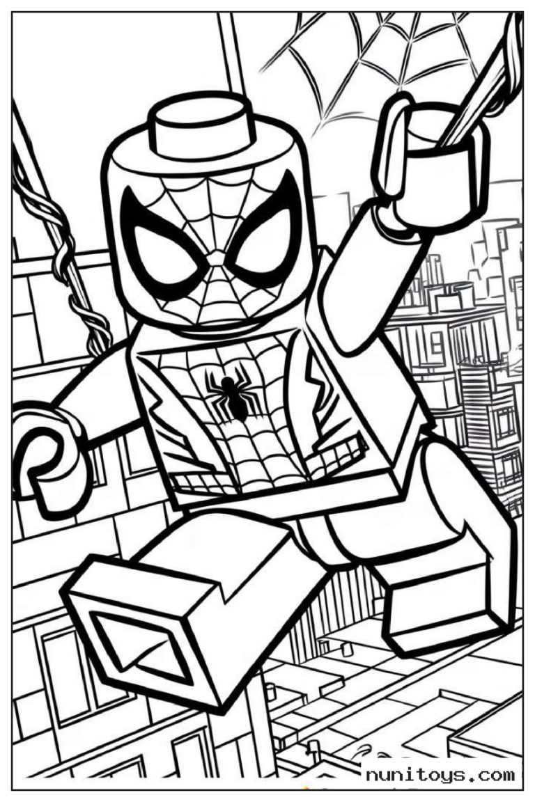 Coloriage Spiderman LEGO se balançant au-dessus de la ville