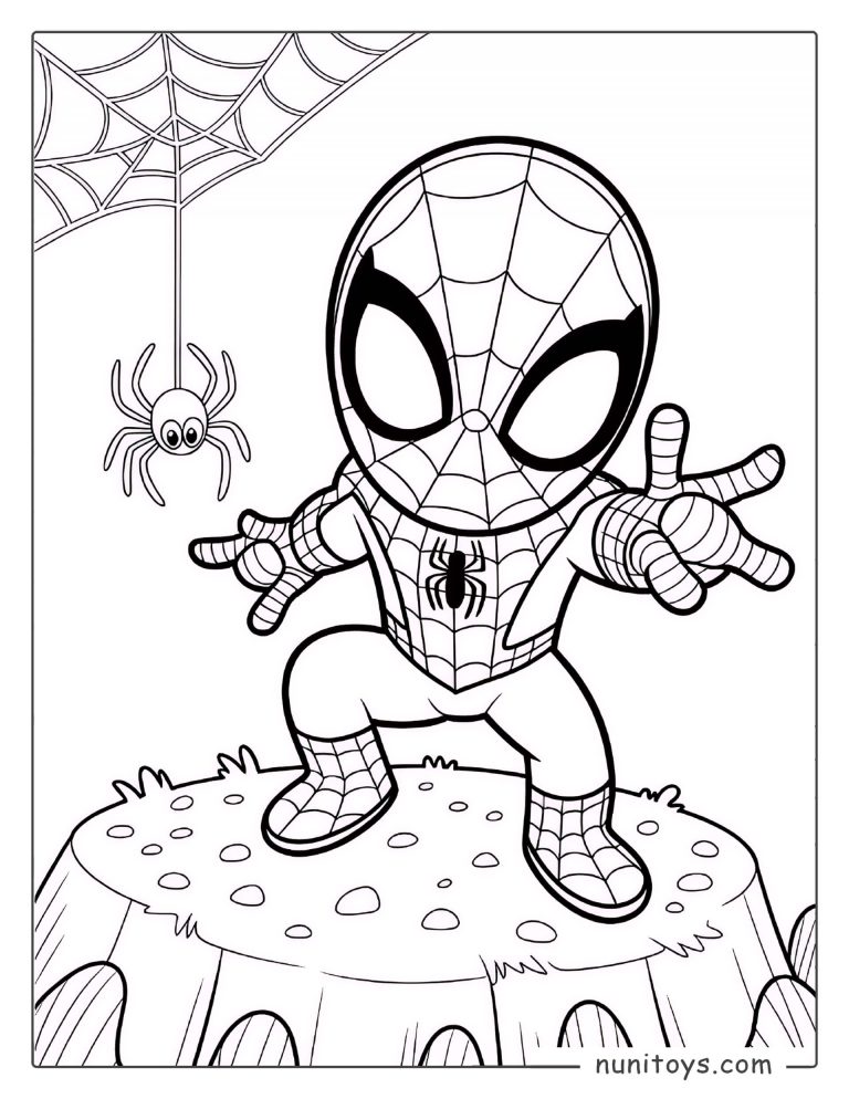 Coloriage Spiderman accroupi sur un rocher avec une araignée