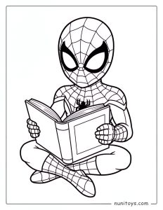 Coloriage Spiderman assis en tailleur en train de lire