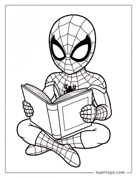 Coloriage Spiderman assis en tailleur en train de lire