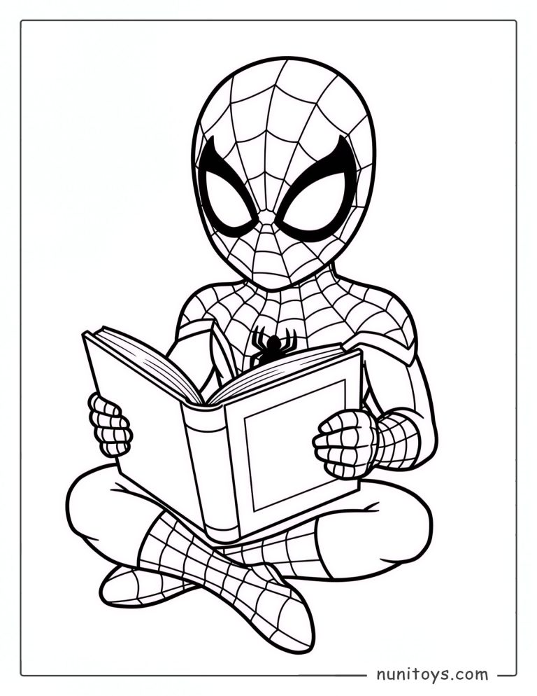 Coloriage Spiderman assis en tailleur en train de lire