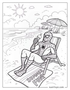Coloriage Spiderman assis sur une chaise à la plage