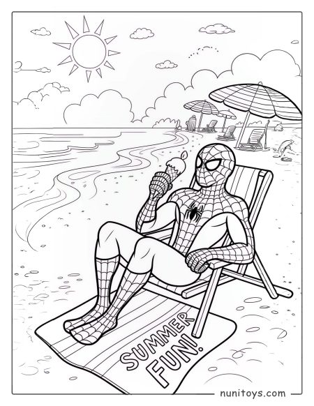 Coloriage Spiderman assis sur une chaise à la plage