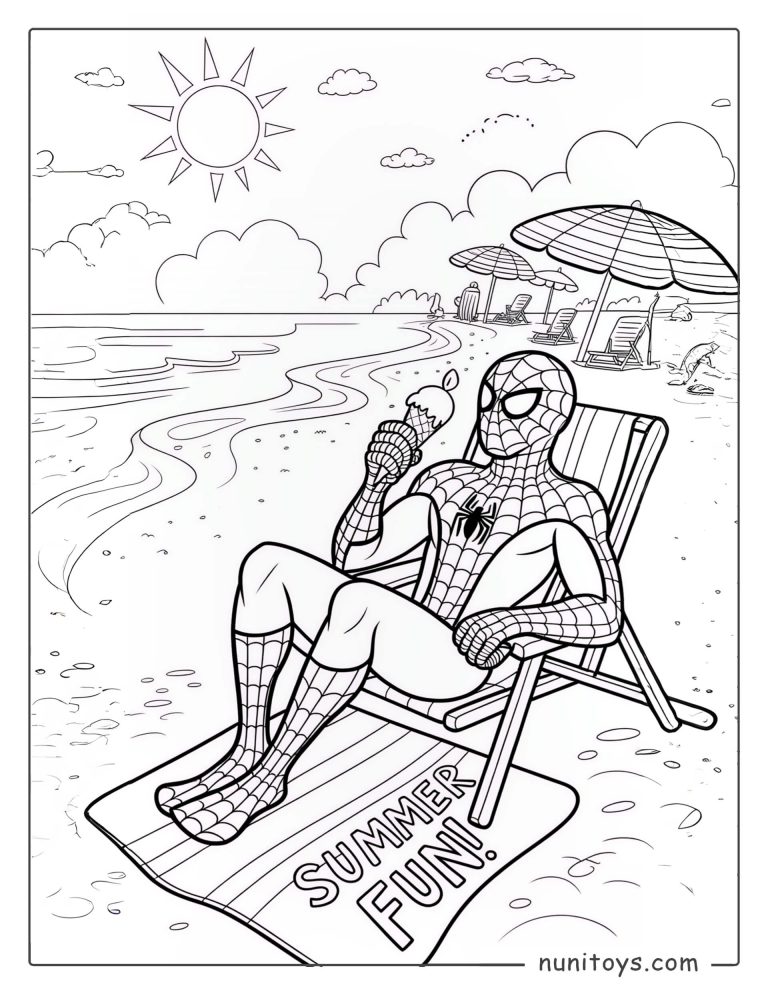 Coloriage Spiderman assis sur une chaise à la plage