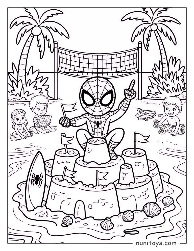 Coloriage Spiderman avec château de sable et filet de volley