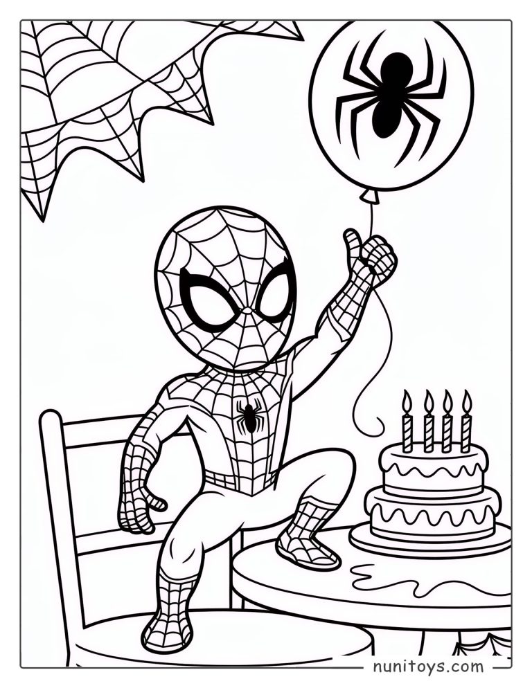 Coloriage Spiderman avec gâteau à bougies et ballon araignée