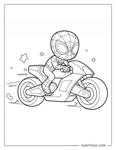 Coloriage Spiderman conduisant une moto sportive à toute vitesse