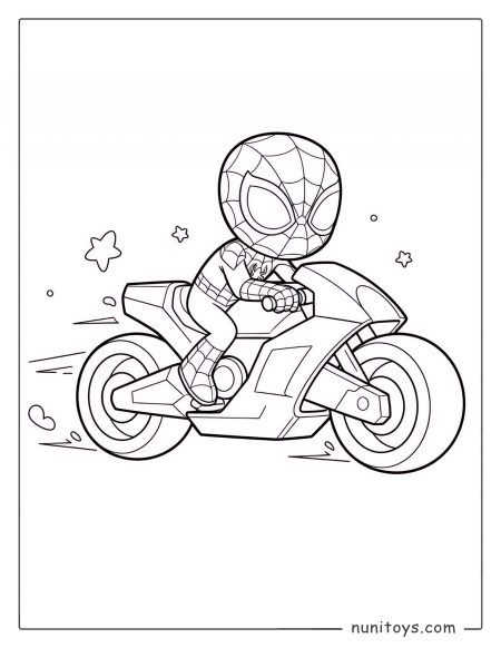 Coloriage Spiderman conduisant une moto sportive à toute vitesse