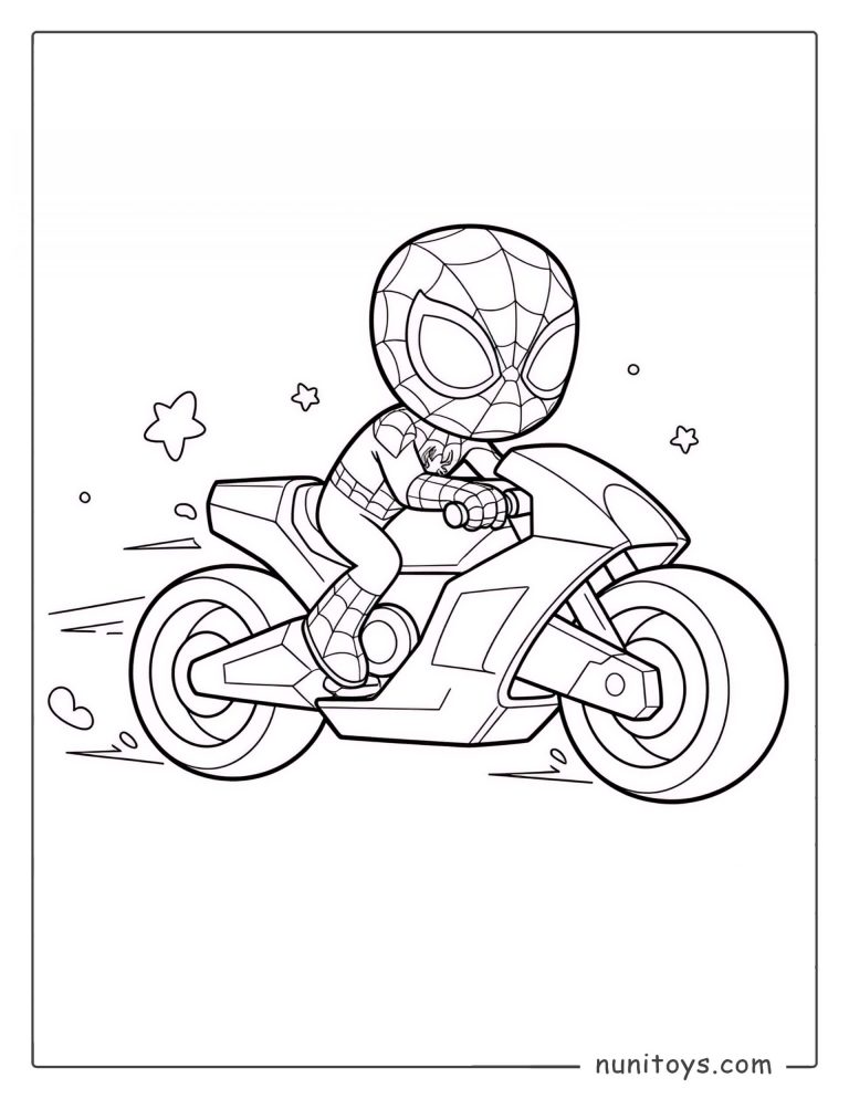 Coloriage Spiderman conduisant une moto sportive à toute vitesse