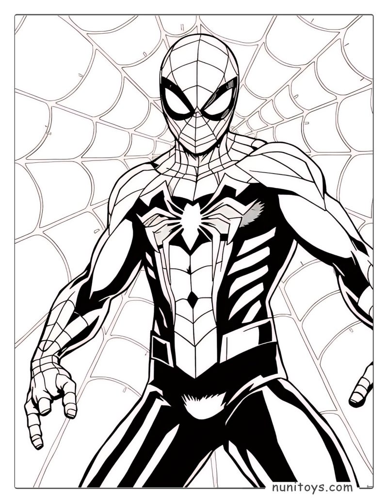 Coloriage Spiderman devant une toile d’araignée
