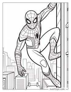 Coloriage Spiderman escaladant une façade au-dessus de la ville