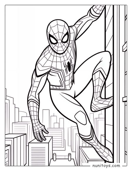 Coloriage Spiderman escaladant une façade au-dessus de la ville