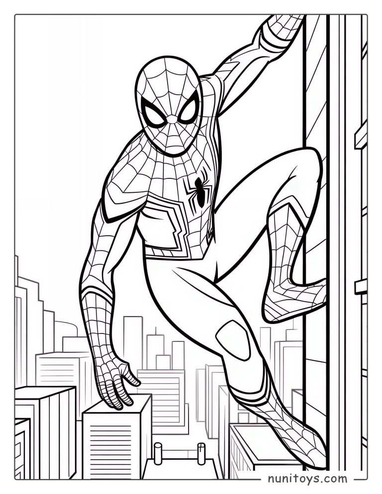 Coloriage Spiderman escaladant une façade au-dessus de la ville