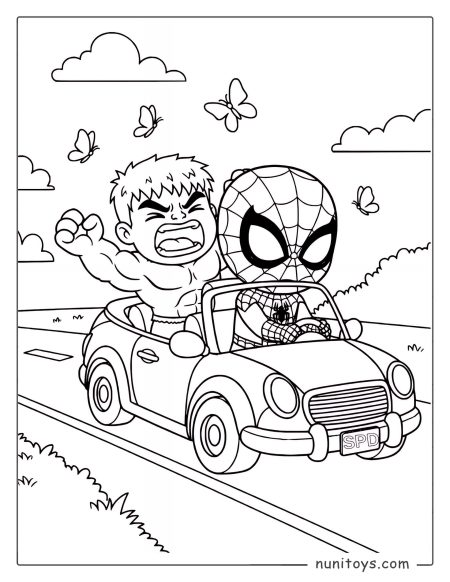 Coloriage Spiderman et Hulk en voiture