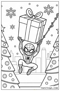 Coloriage Spiderman portant un cadeau entre des sapins décorés