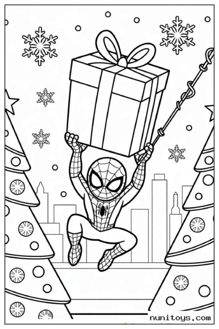 Coloriage Spiderman portant un cadeau entre des sapins décorés