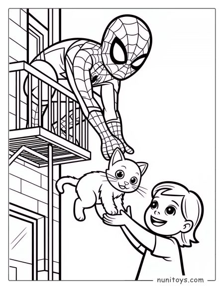 Coloriage Spiderman tendant la main vers un chat au balcon