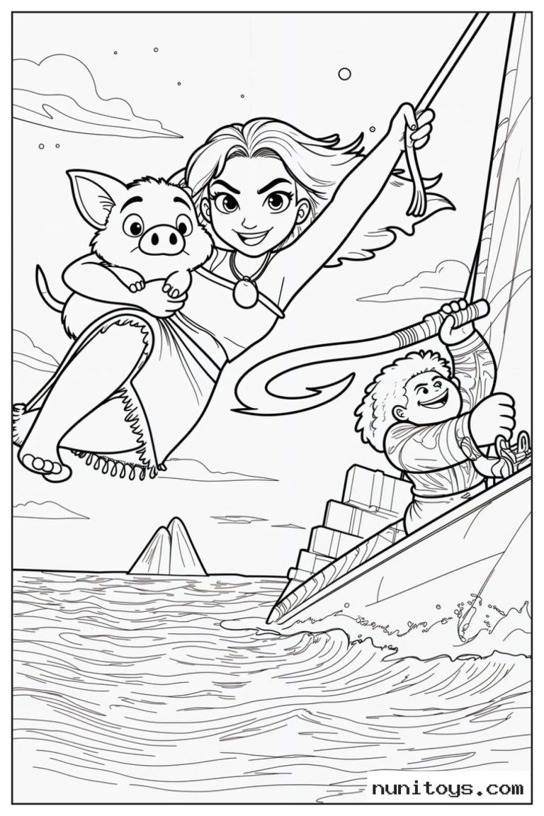 Coloriage Vaiana avec Pua sur l’épaule près d’une pirogue