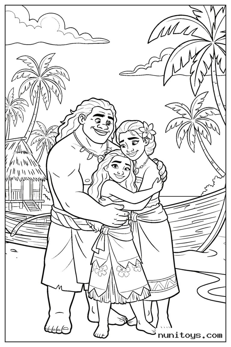 Coloriage Vaiana avec Tui et Sina réunis près des palmiers