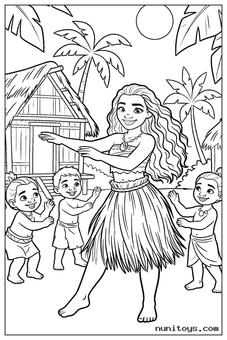 Coloriage Vaiana dansant entourée de trois enfants du village