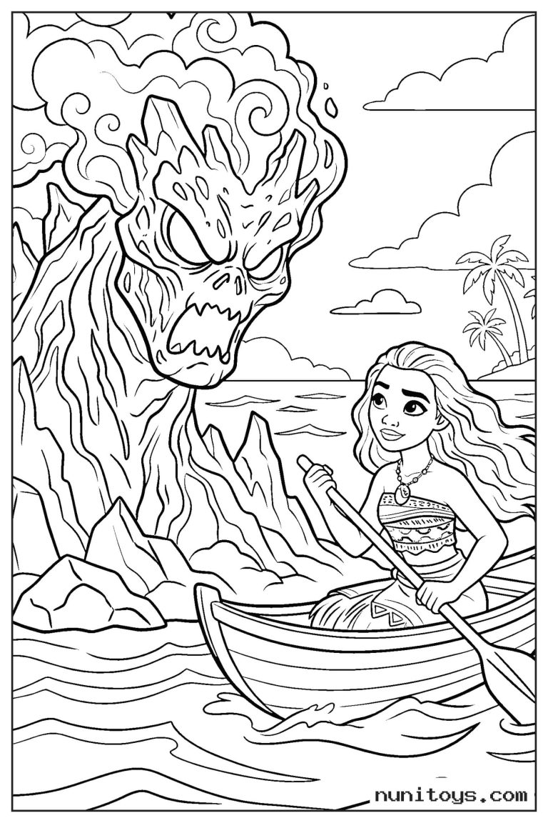 Coloriage Vaiana en pirogue face à Te Kā