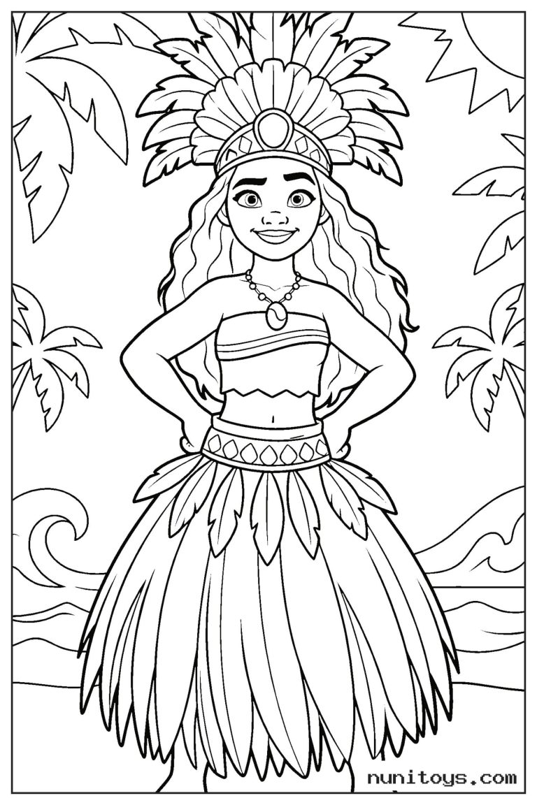 Coloriage Vaiana en tenue traditionnelle avec grande coiffe de plumes