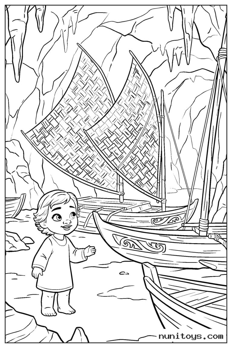 Coloriage Vaiana enfant devant plusieurs pirogues à voile