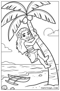 Coloriage Vaiana grimpant à un palmier au bord de mer