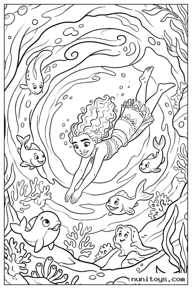 Coloriage Vaiana nageant sous l’eau entourée de poissons