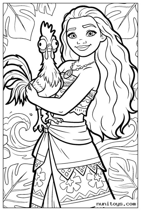 Coloriage Vaiana tenant Heihei devant les vagues tropicales