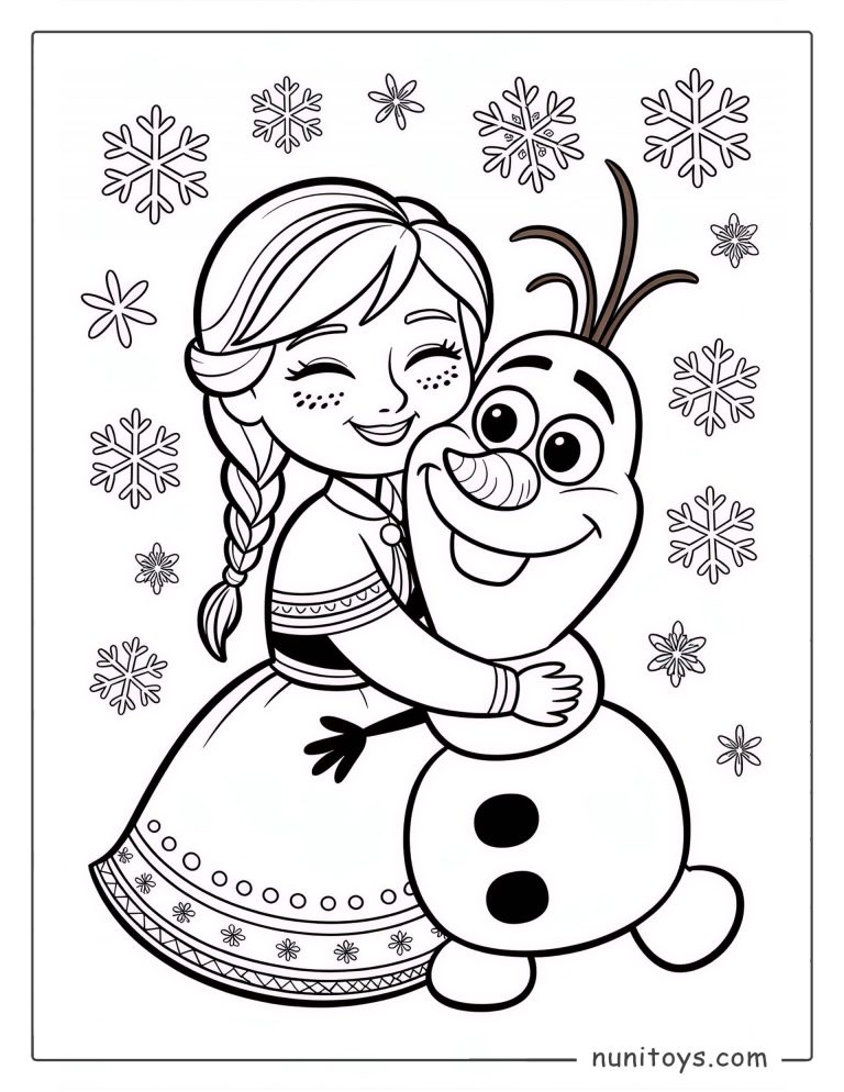 Coloriage d’Anna souriant en faisant un câlin à Olaf