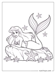 Coloriage d’Ariel la Petite Sirène reposant sur un rocher