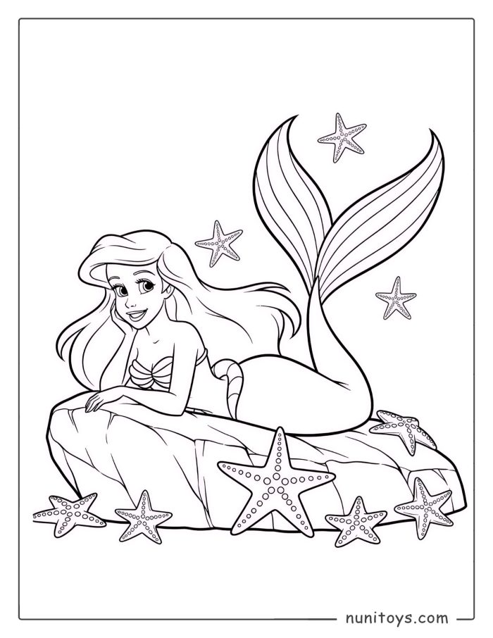 Coloriage d’Ariel la Petite Sirène reposant sur un rocher