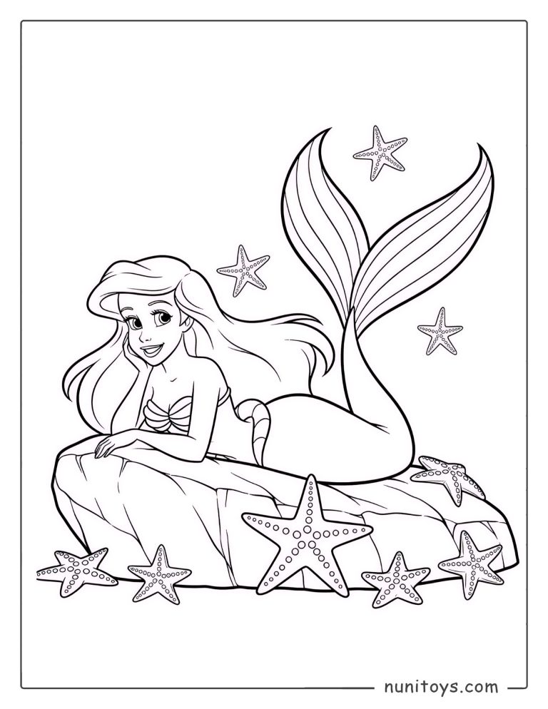 Coloriage d’Ariel la Petite Sirène reposant sur un rocher