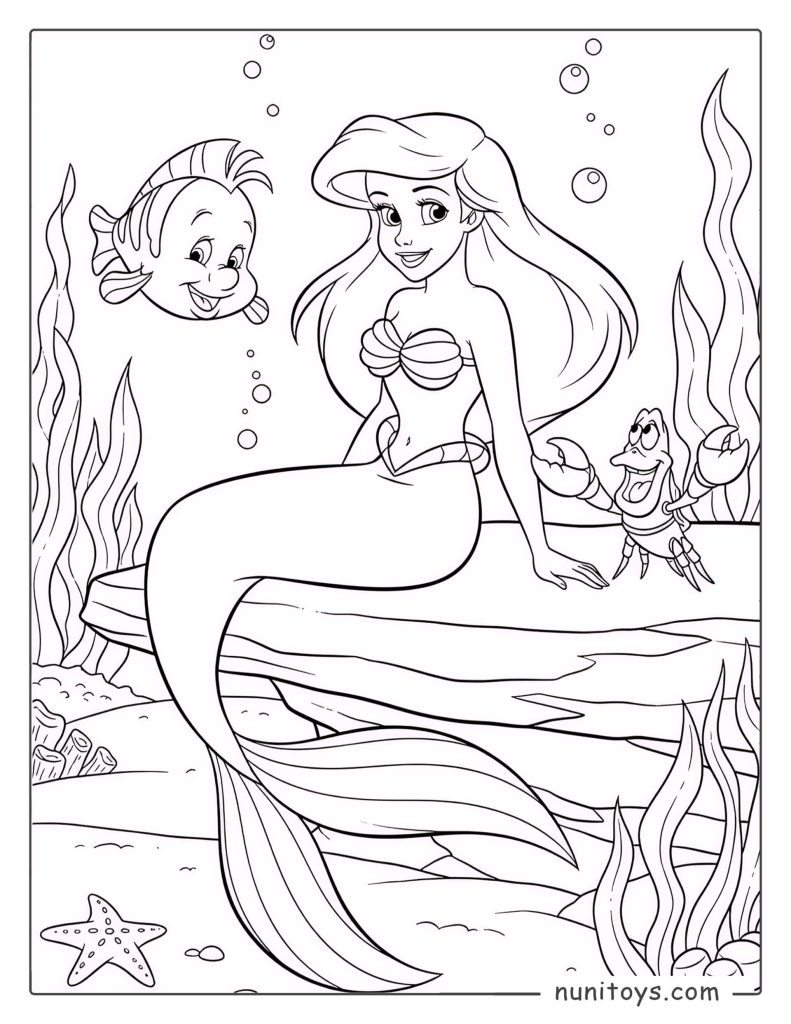 Coloriage d’Ariel la Petite Sirène sur un rocher avec Polochon et Sébastien