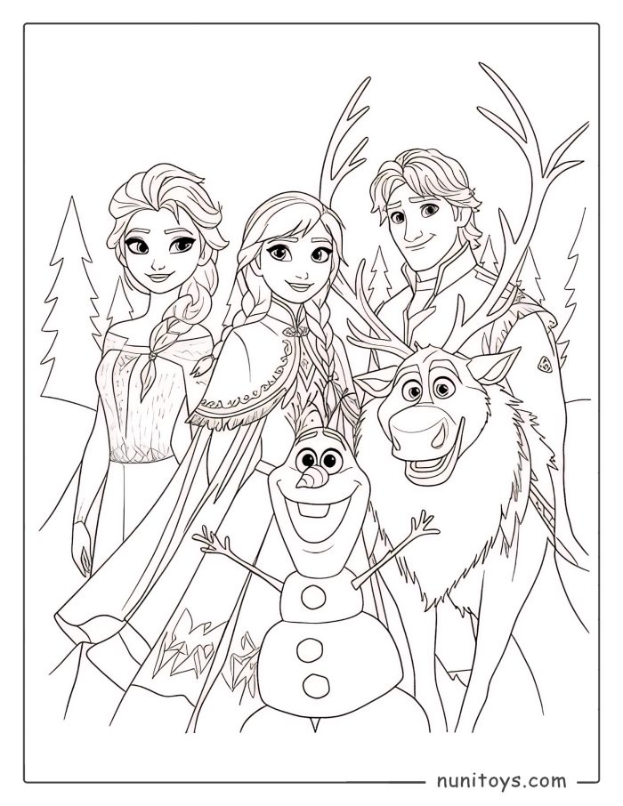 Coloriage d’Elsa, Anna, Kristoff, Sven et Olaf réunis dans une forêt hivernale