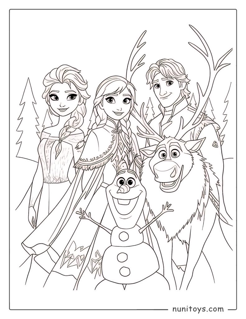 Coloriage d’Elsa, Anna, Kristoff, Sven et Olaf réunis dans une forêt hivernale