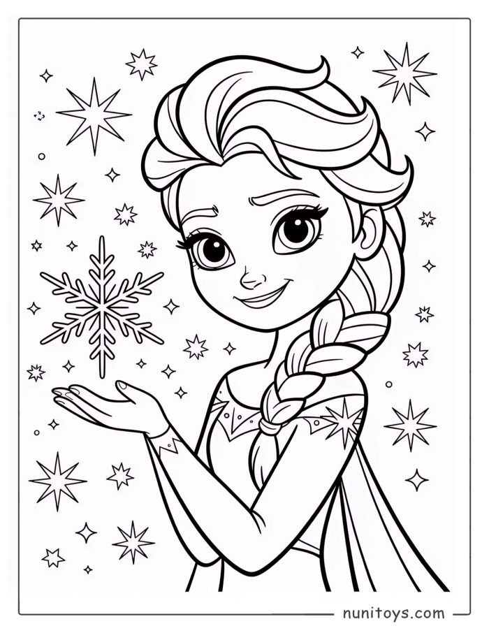 Coloriage d’Elsa créant un flocon de neige magique avec ses pouvoirs de glace