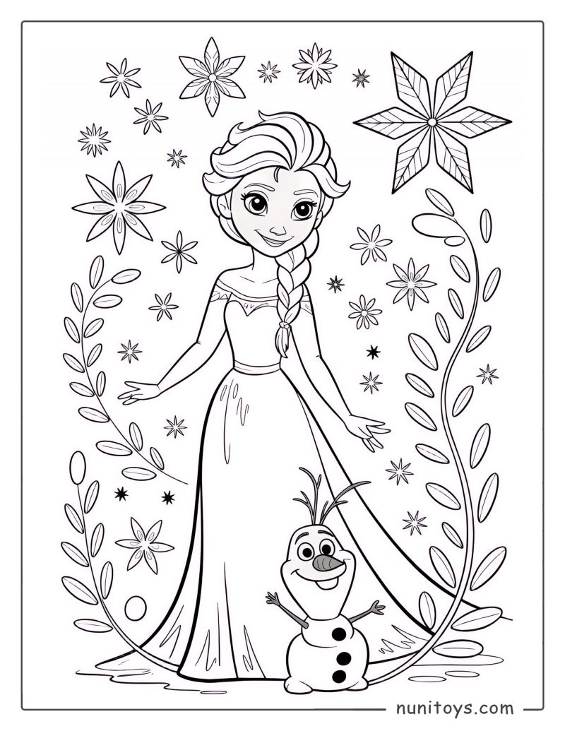 Coloriage d’Elsa debout avec élégance pendant qu’Olaf sourit