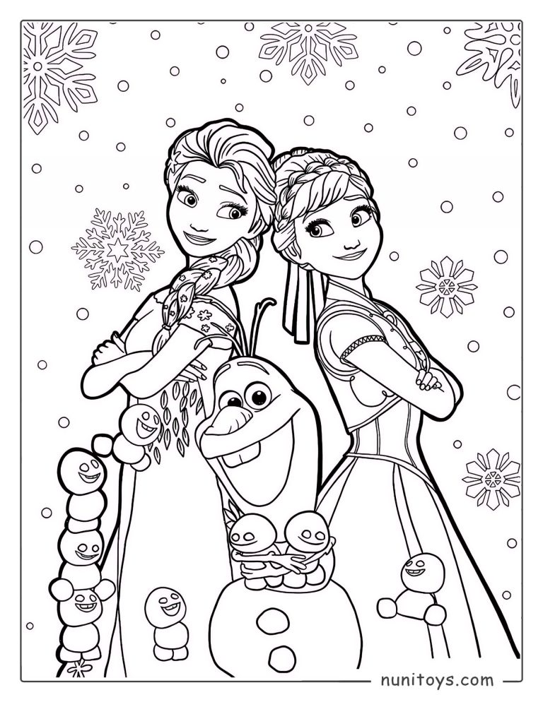Coloriage d’Elsa et Anna debout pendant qu’Olaf sourit