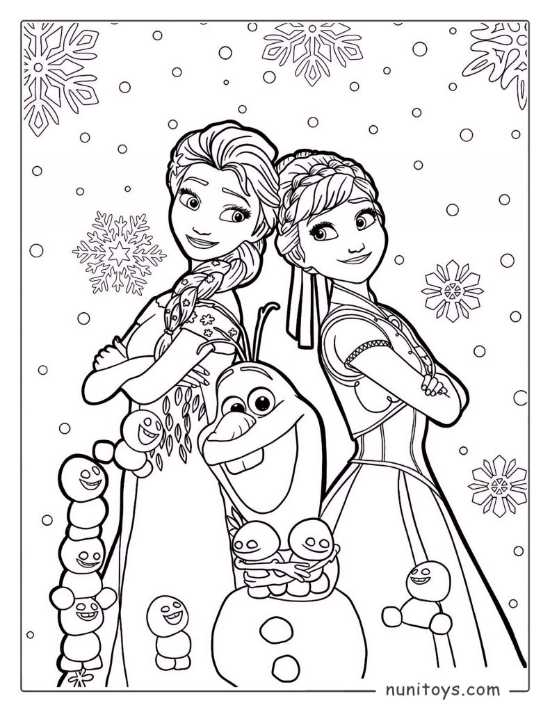 Coloriage d’Elsa et Anna debout pendant qu’Olaf sourit